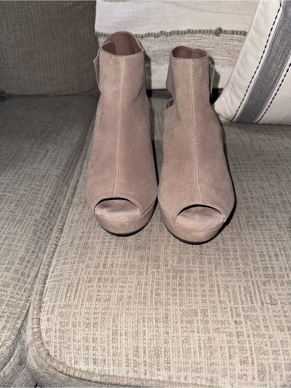 Chocolat Blu Taupe Suede Peep-Toe Wedge Booties